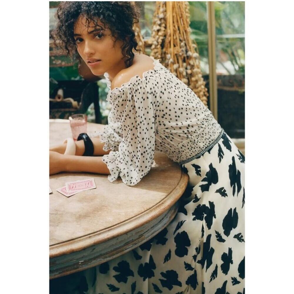 Anthropologie Lucia Black White Polka Dot Smocked Off Shoulder Blouse Top Small